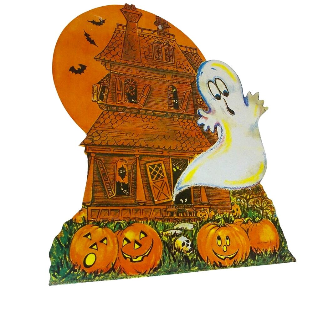 Vintage Halloween Cardboard Die Cut Ghost Haunted House & Jack-o'-Lanterns